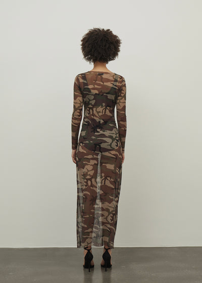 Long Sleeve Mesh Camouflage Dress